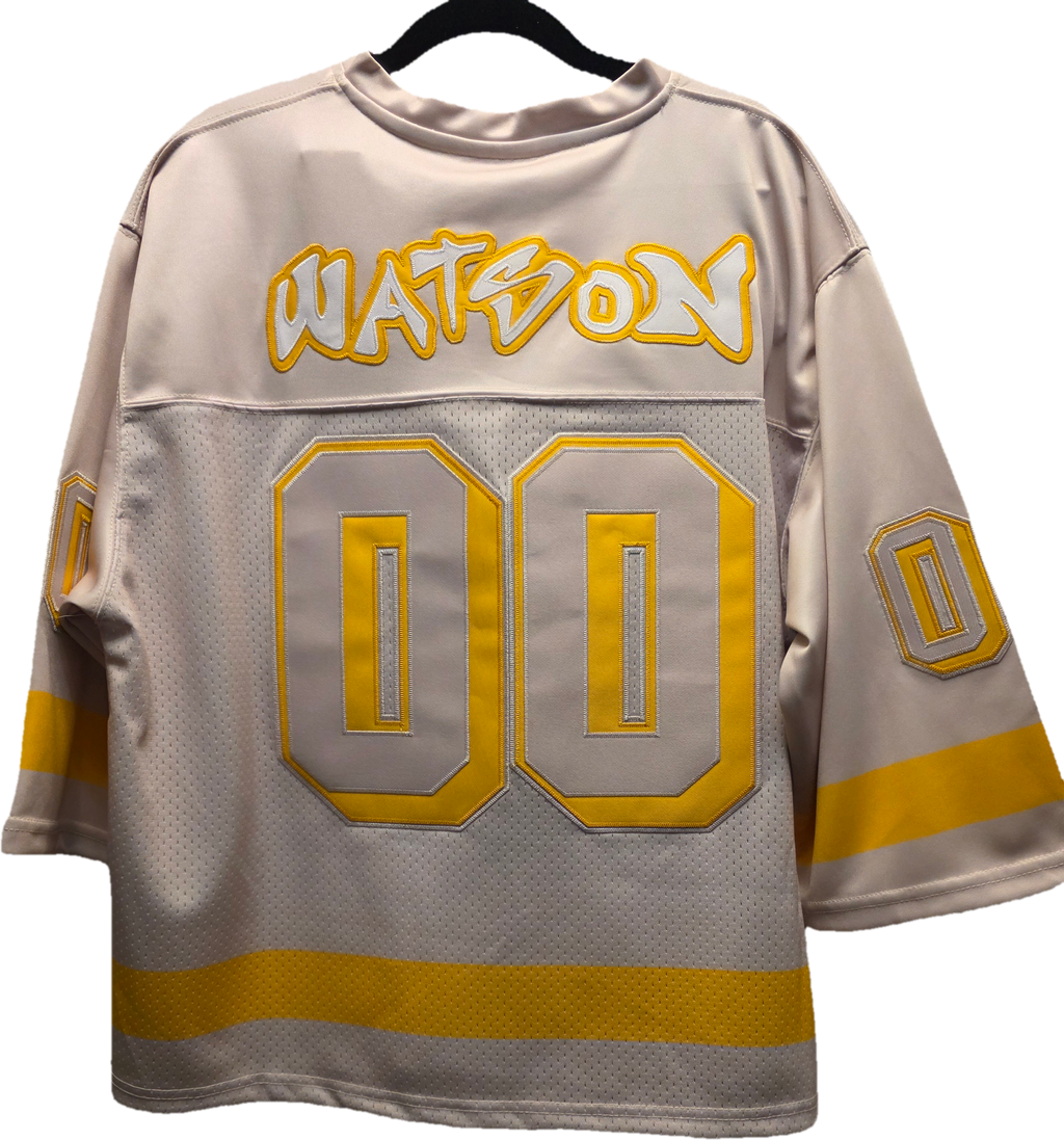 Watson Athletics Hockey Jersey White Yellow – Back view showing Watson 00 nameplate and number