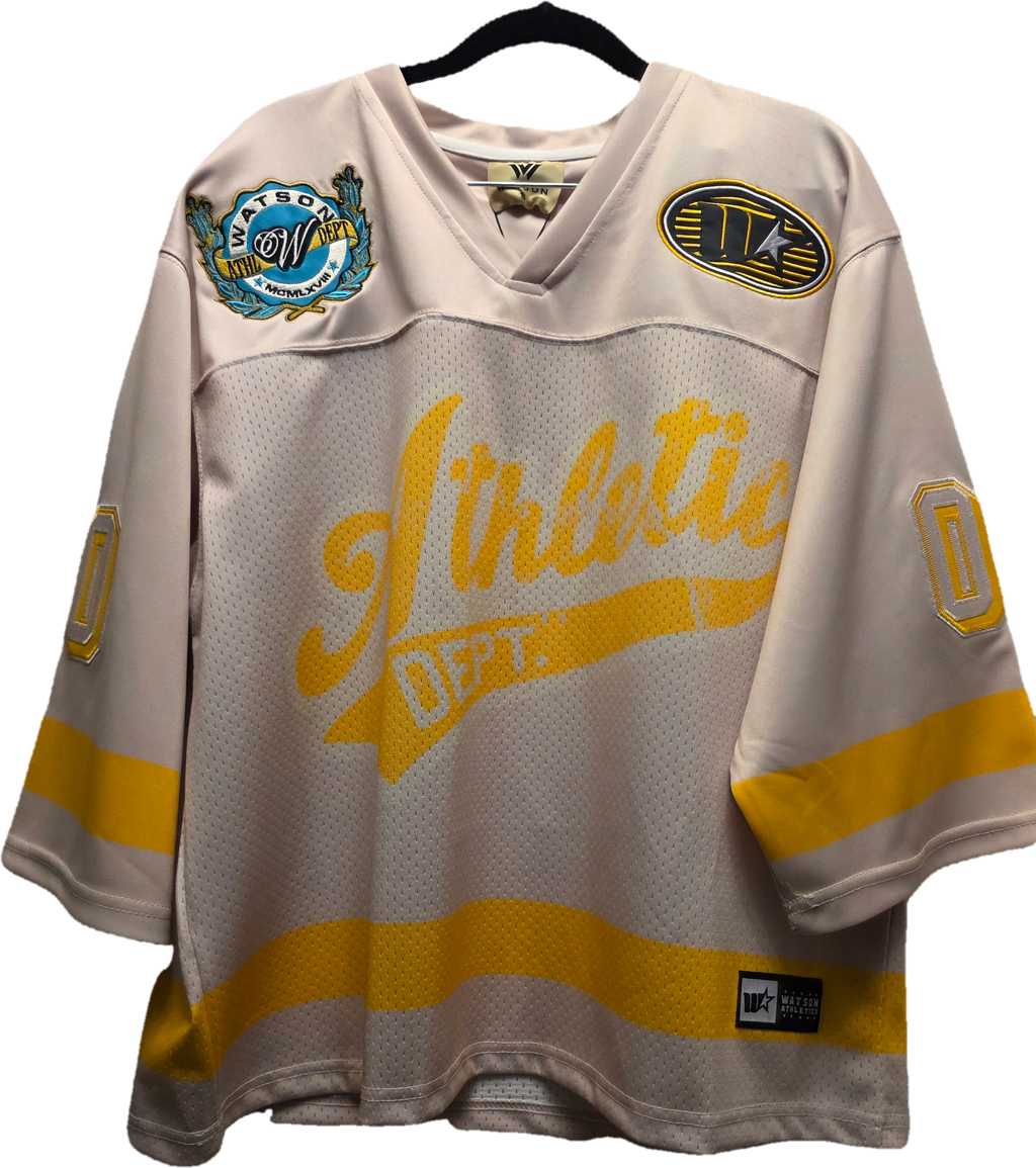 Watson Athletics Hockey Jersey White Yellow – Front view on hanger with Athletic Dept. script and patches