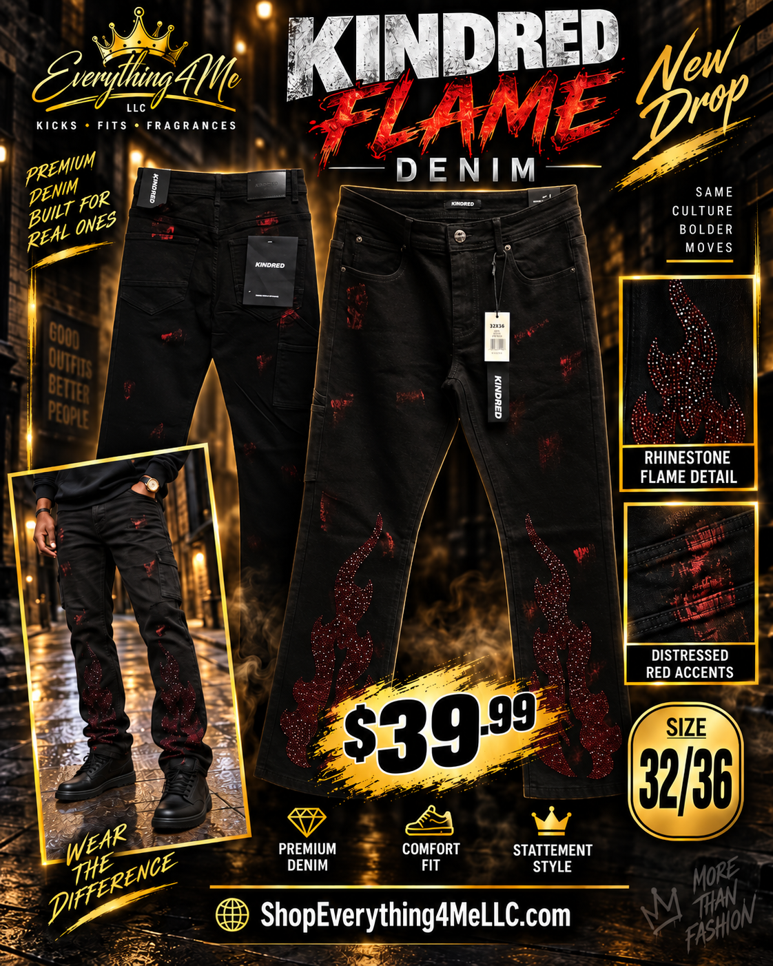 Kindred Flame Denim Jeans – Size 32x36