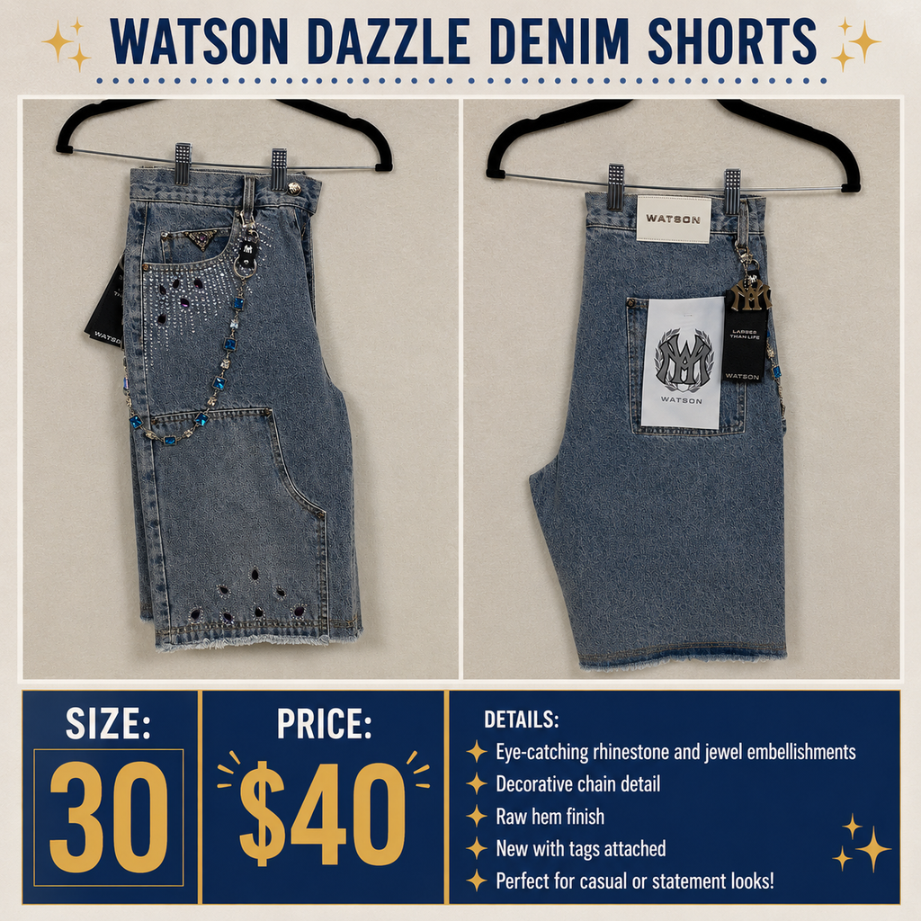 Watson Dazzle Denim Shorts size 30 light wash with rhinestone jewel embellishments and chain detail front and back