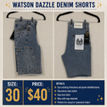 Watson Dazzle Denim Shorts size 30 light wash with rhinestone jewel embellishments and chain detail front and back
