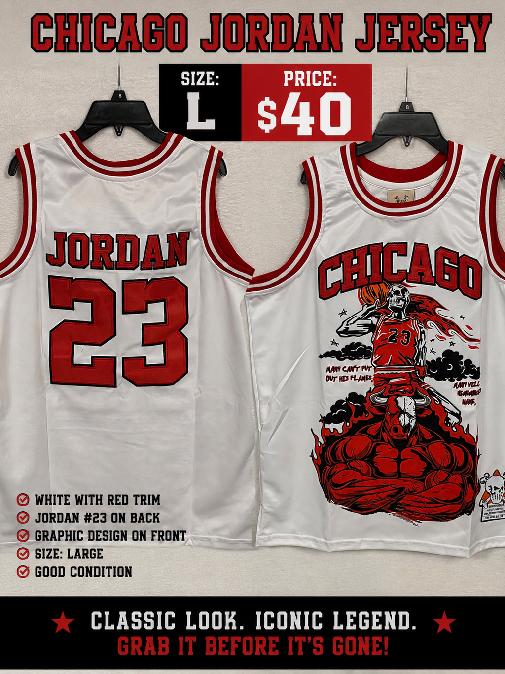 Chicago Jordan #23 white basketball jersey with red trim JORDAN 23 back and Chicago graphic front