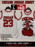 Chicago Jordan #23 white basketball jersey with red trim JORDAN 23 back and Chicago graphic front