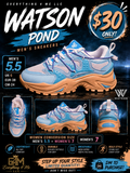 Watson Pond Men's Sneakers promotional flyer - blue chunky sneakers size 5.5