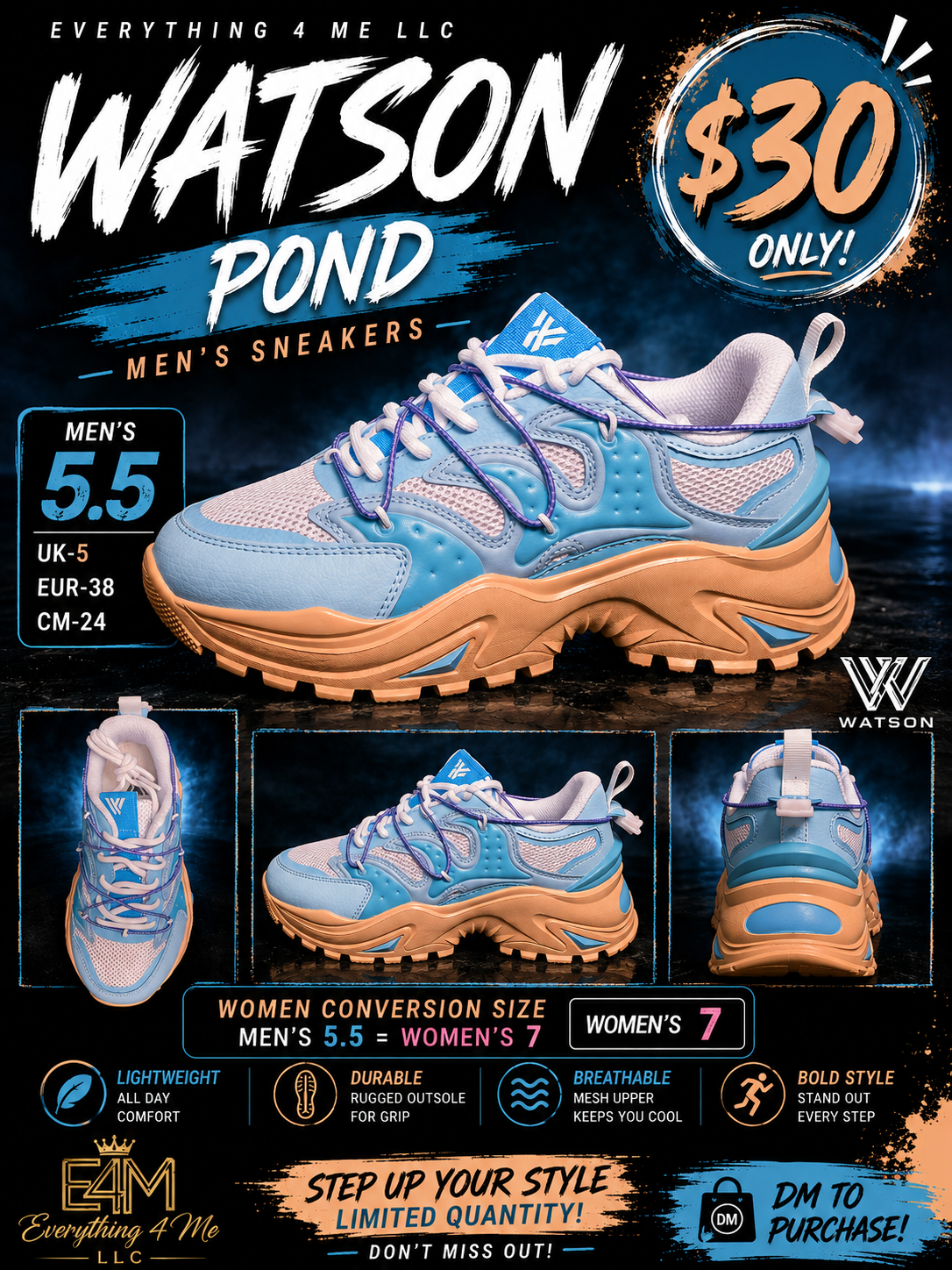 Watson Pond Men's Sneakers promotional flyer - blue chunky sneakers size 5.5
