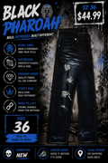 Black Pharaoh Distressed Denim dark wash size 36 with rips and fade detailing