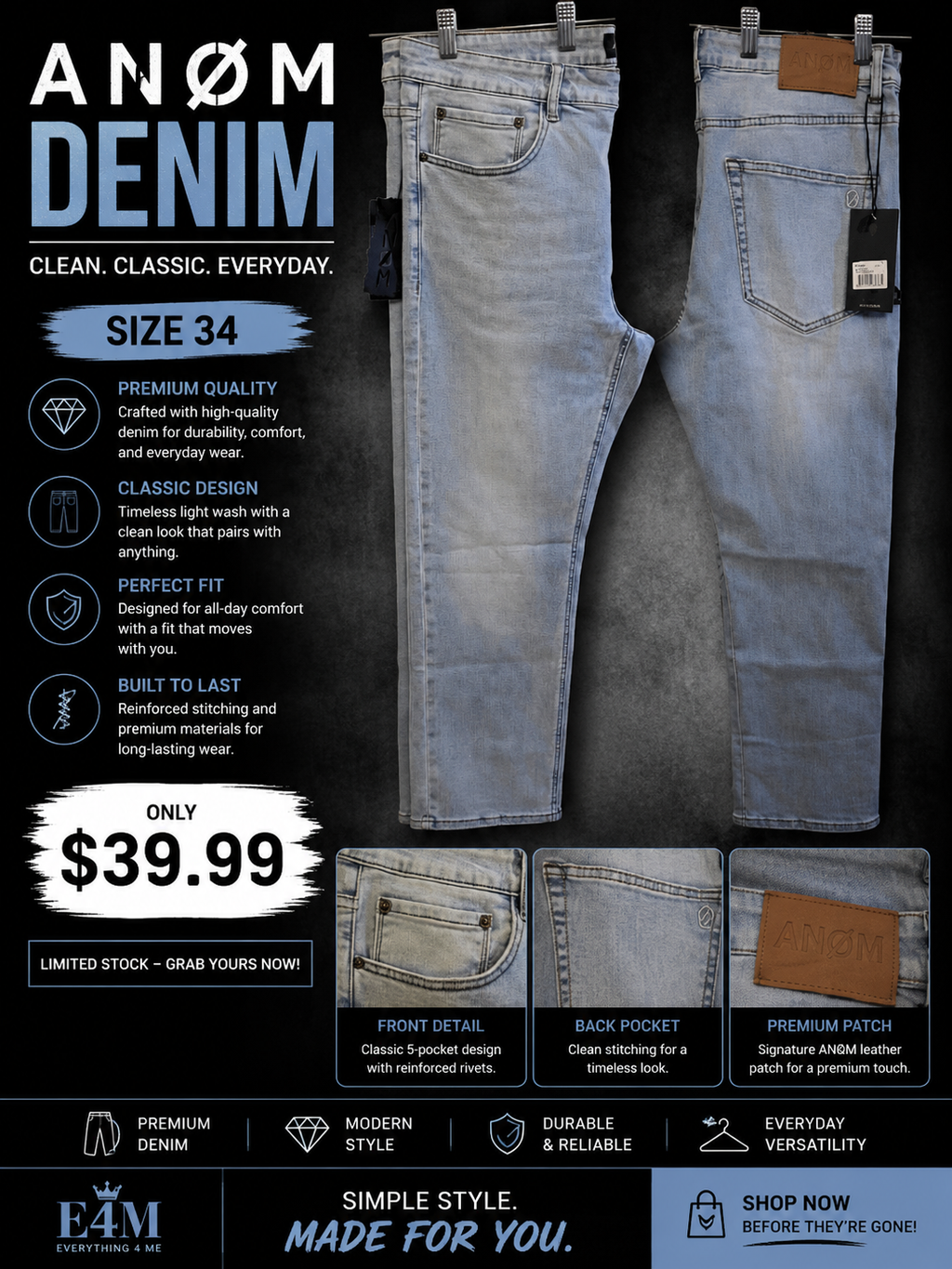 ANØM Light Wash Denim size 34 light blue ice wash with leather patch front and back