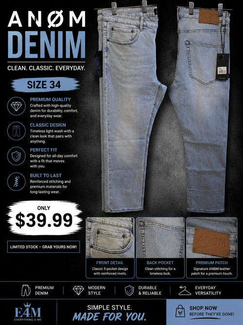 ANØM Light Wash Denim size 34 light blue ice wash with leather patch front and back