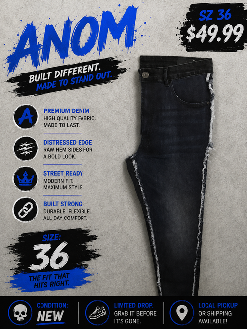 ANOM Raw Hem Black Denim size 36 with raw hem sides and distressed edge detail