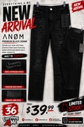 ANØM Premium Black Denim size 36 with subtle distressed details and signature back pocket