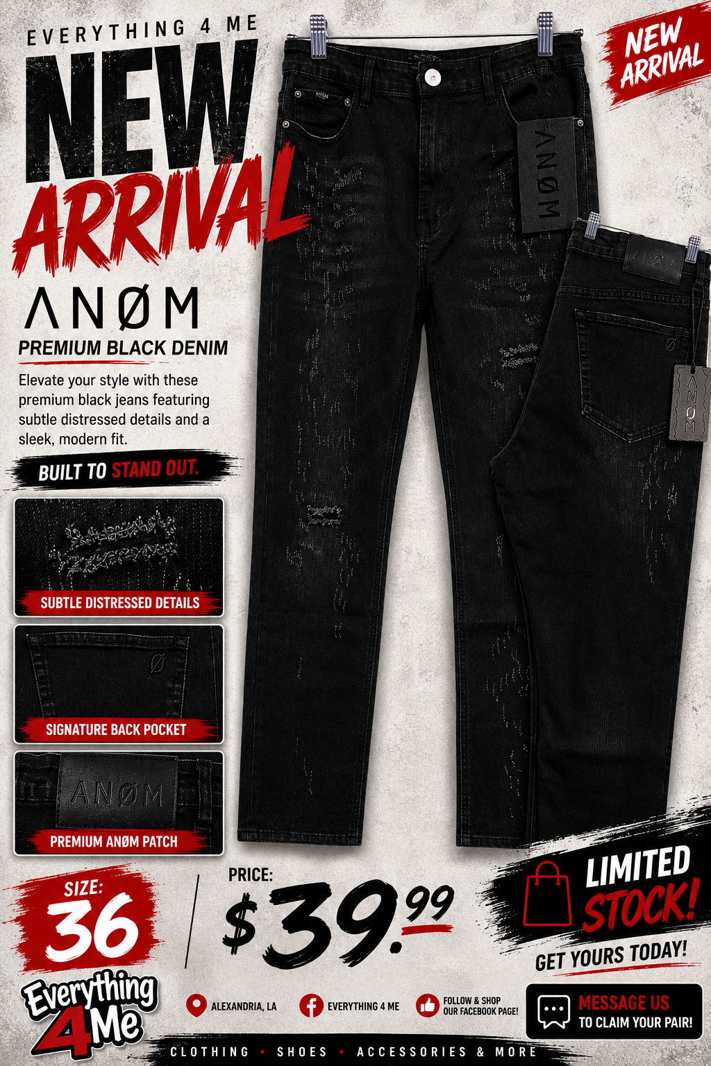 ANØM Premium Black Denim size 36 with subtle distressed details and signature back pocket
