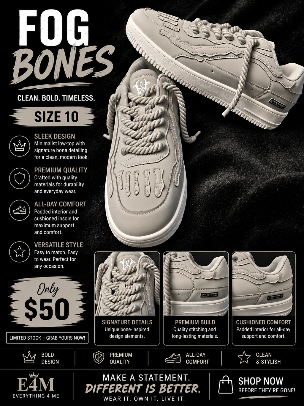 Fog Bones sneaker flyer - Clean Bold Timeless