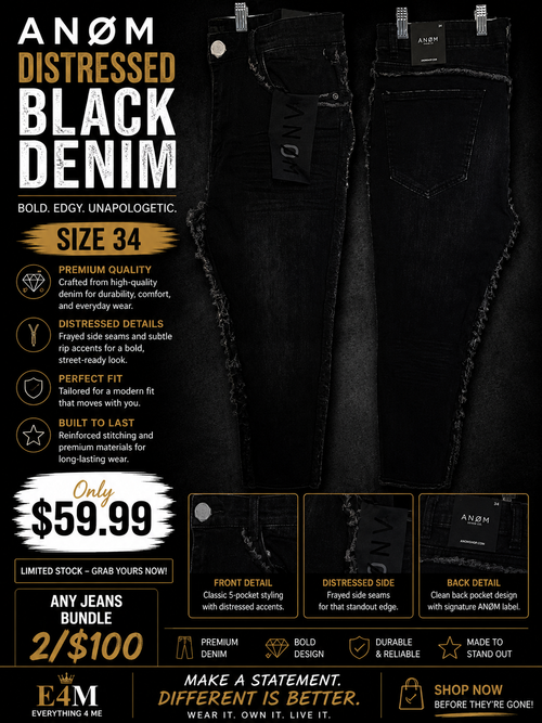 ANØM Distressed Black Denim size 34 with frayed side seams and signature back pocket