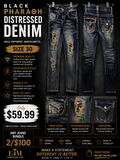 Black Pharaoh Distressed Denim dark wash size 30 with paint splatter and ripped accents