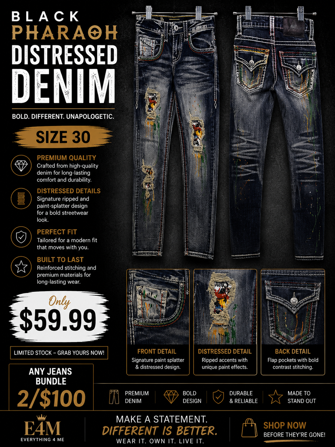 Black Pharaoh Distressed Denim dark wash size 30 with paint splatter and ripped accents