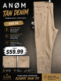 ANØM Tan Denim size 34 with frayed distressed side seam accents front and back