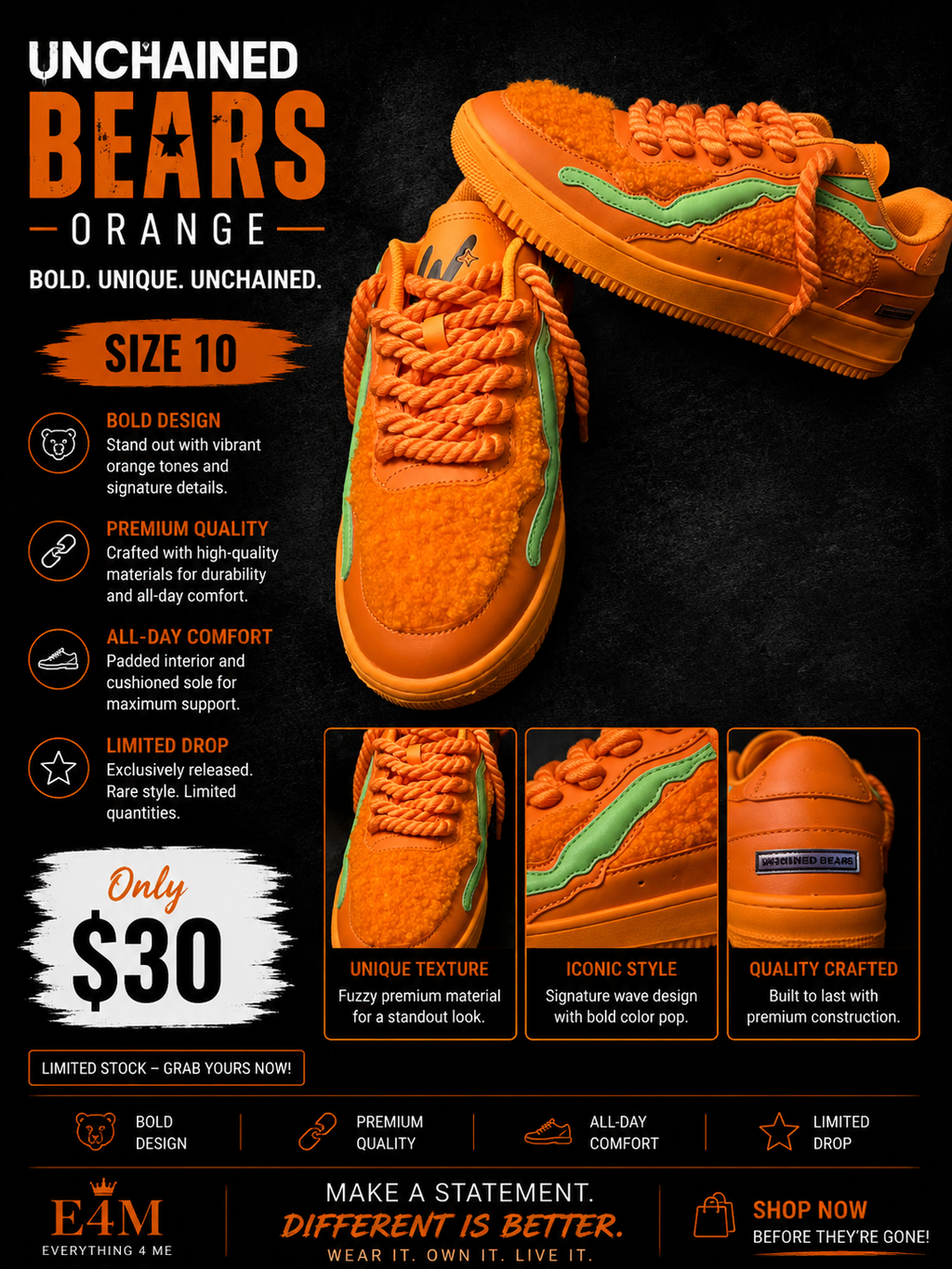 Unchained Bears Orange sneaker flyer - Bold Unique Unchained