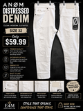 ANØM Distressed White Denim size 32 with rips frays and signature ANOM patch front and back