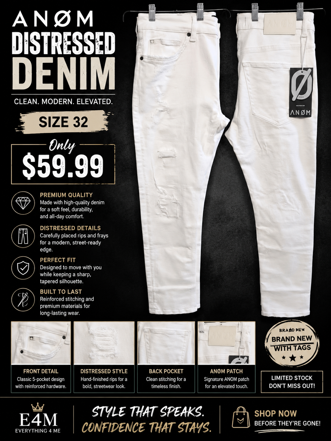 ANØM Distressed White Denim size 32 with rips frays and signature ANOM patch front and back