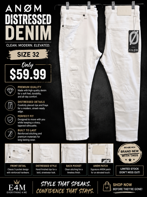 ANØM Distressed White Denim size 32 with rips frays and signature ANOM patch front and back