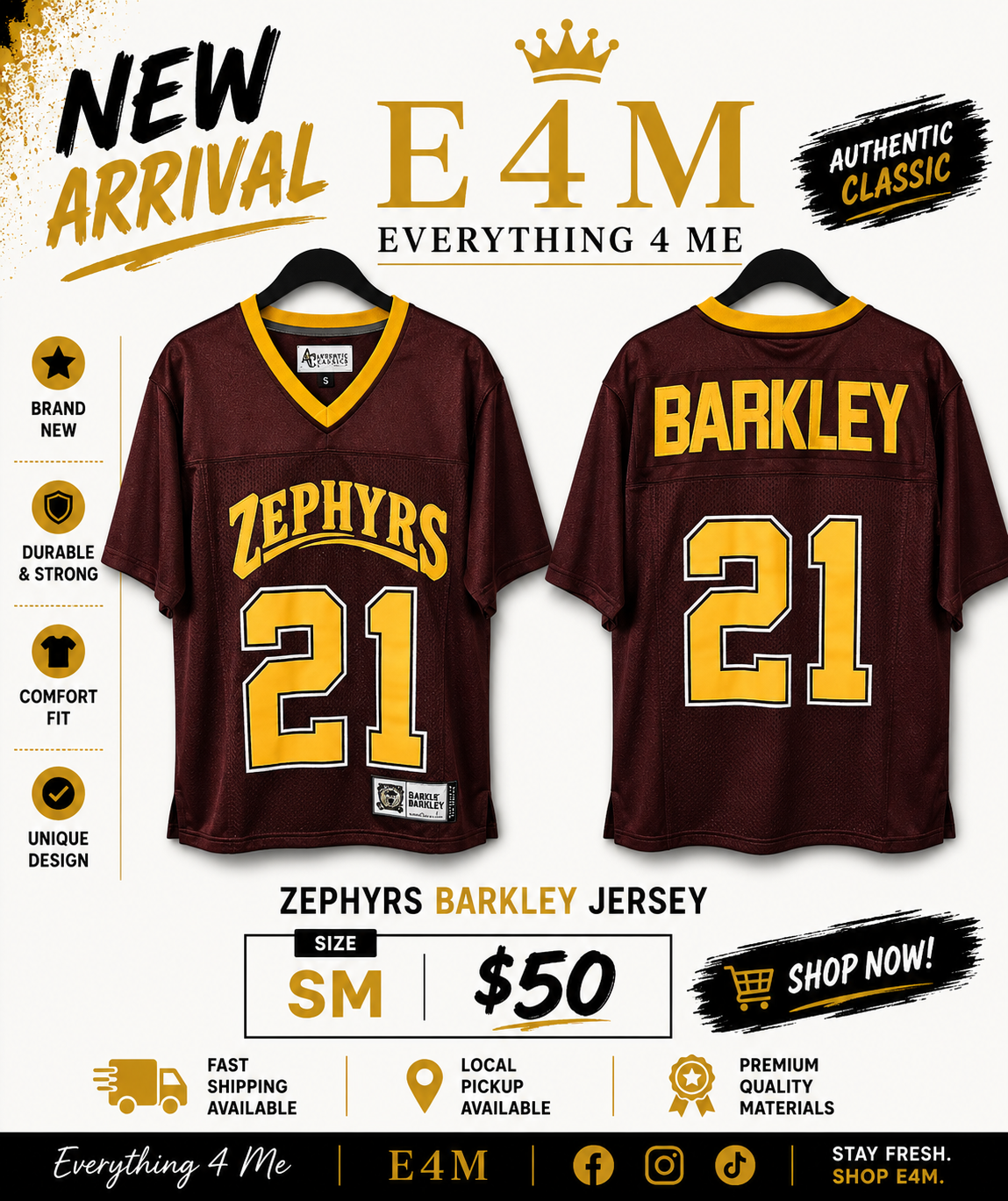 Zephyrs Barkley #21 maroon and gold football jersey front and back view