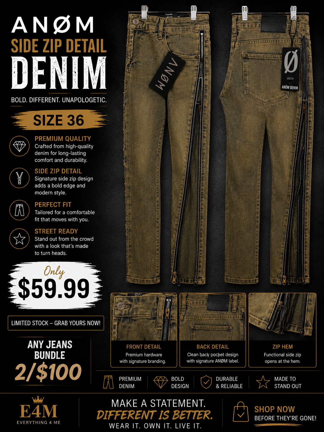 ANØM Side Zip Detail Denim – Size 36