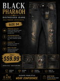 Black Pharaoh Distressed Jeans dark wash size 34 with rips and colorful patch detailing
