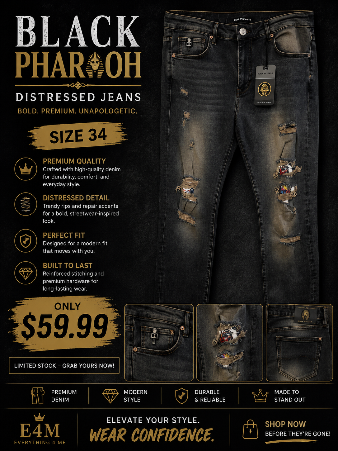 Black Pharaoh Distressed Jeans dark wash size 34 with rips and colorful patch detailing